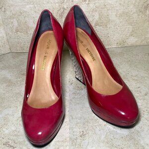 POUR LA VICTOIRE Red Patent Leather Pumps With Snake Print Heels Womens Platform